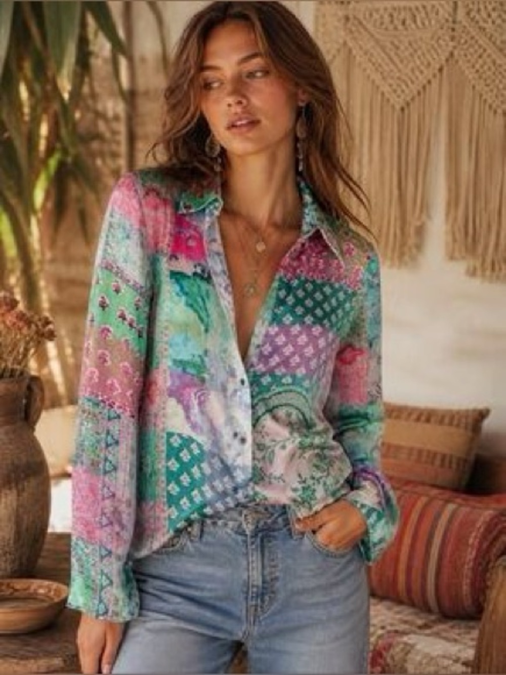 Zara Patchwork Printed Button‎ Up